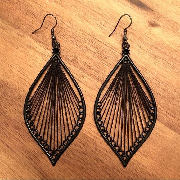 Black Leaf Pendant Earrings | 3.5” Length - Picture 1 of 2